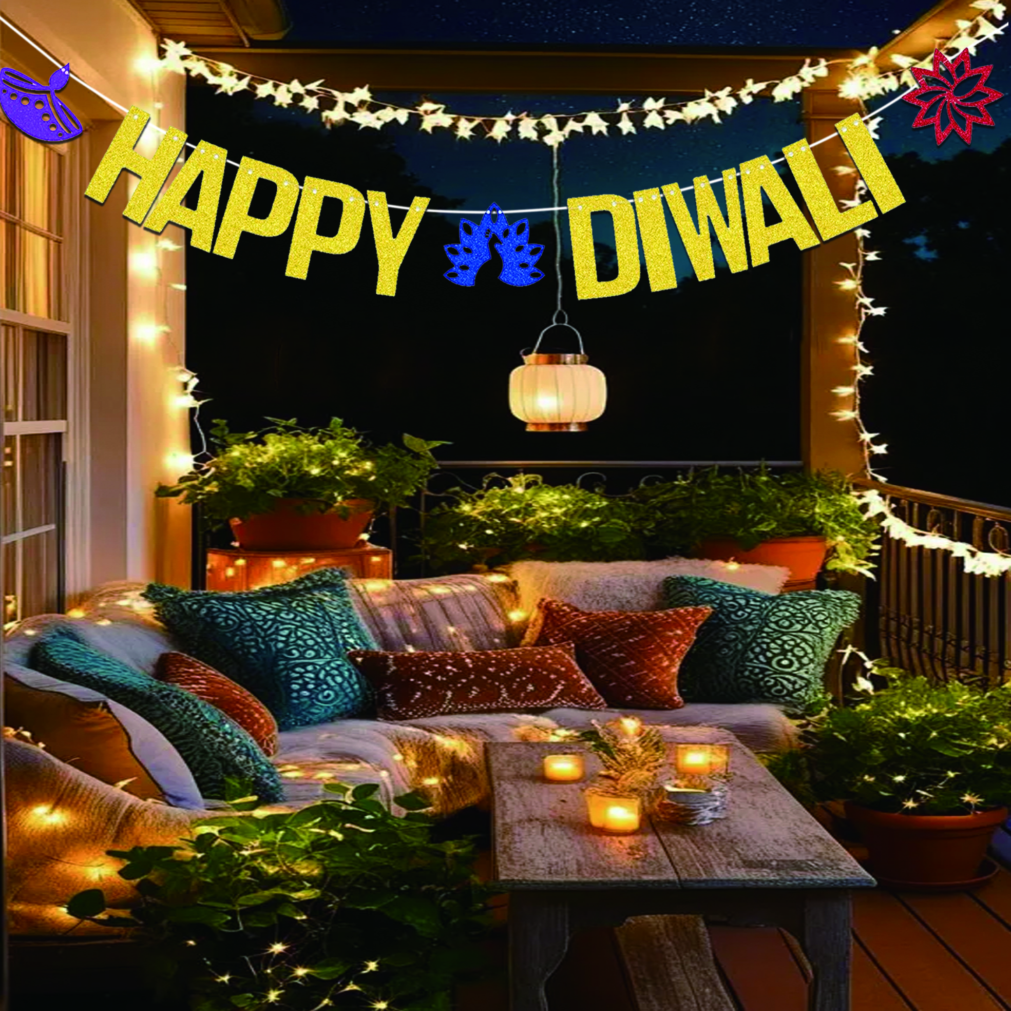 Lighting Decoration For Diwali - Striscione Dorato Glitterato 'Happy Diwali' -